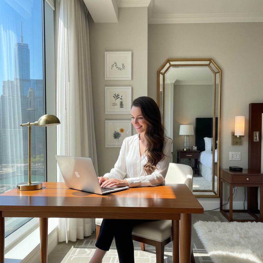 Working in a hotel room, booking hotel rooms with DeskMe for daytime work